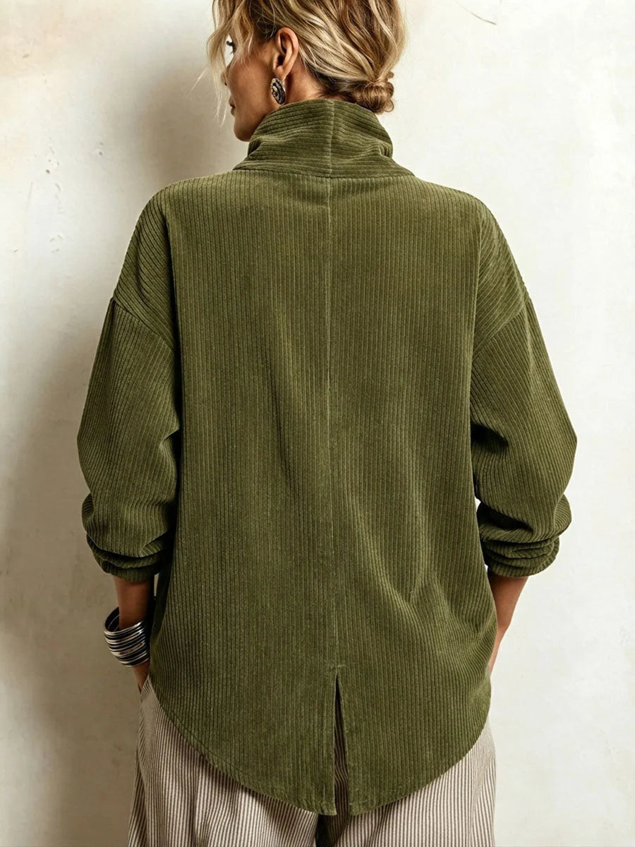 Pull en Velours Côtelé Femme Col Montant Boutons Dorés