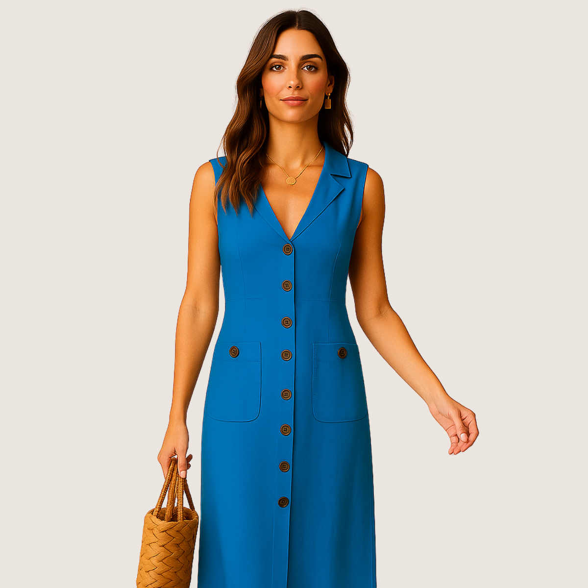 Jetta Robe Midi en Lin – Col V Élégant avec Boutons et Poches
