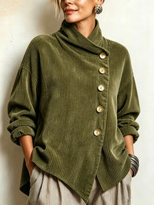 Pull en Velours Côtelé Femme Col Montant Boutons Dorés