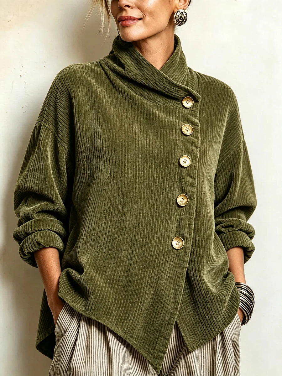 Pull en Velours Côtelé Femme Col Montant Boutons Dorés