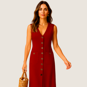 Jetta Robe Midi en Lin – Col V Élégant avec Boutons et Poches