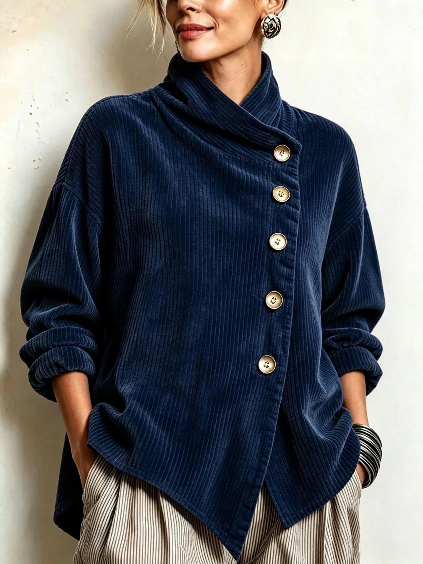 Pull en Velours Côtelé Femme Col Montant Boutons Dorés