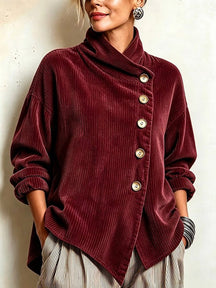 Pull en Velours Côtelé Femme Col Montant Boutons Dorés