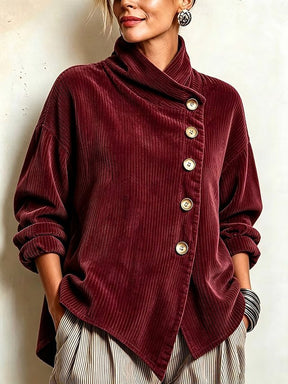 Pull en Velours Côtelé Femme Col Montant Boutons Dorés
