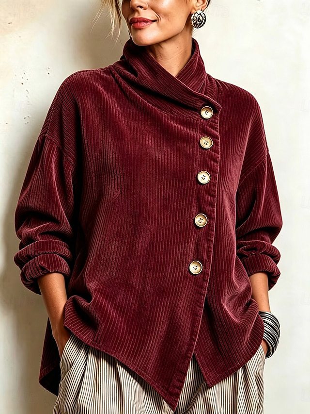 Pull en Velours Côtelé Femme Col Montant Boutons Dorés