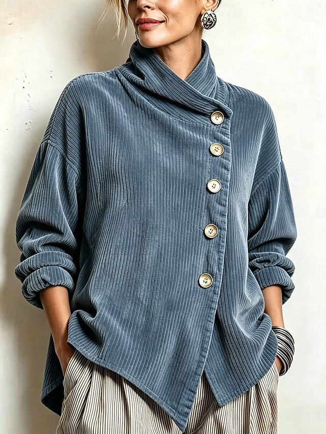 Pull en Velours Côtelé Femme Col Montant Boutons Dorés