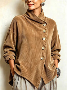 Pull en Velours Côtelé Femme Col Montant Boutons Dorés
