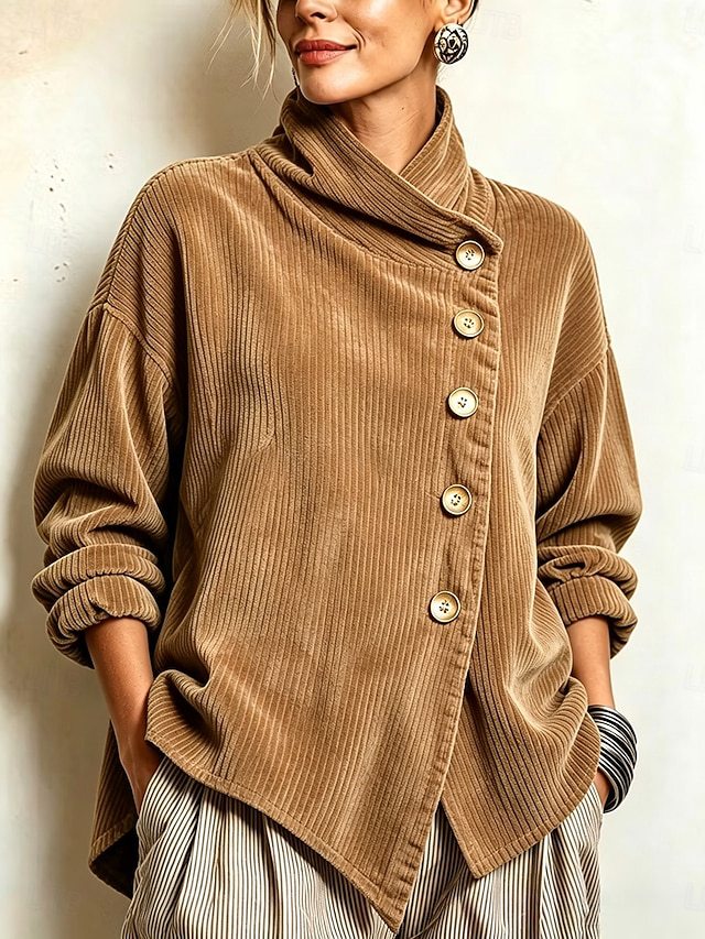 Pull en Velours Côtelé Femme Col Montant Boutons Dorés