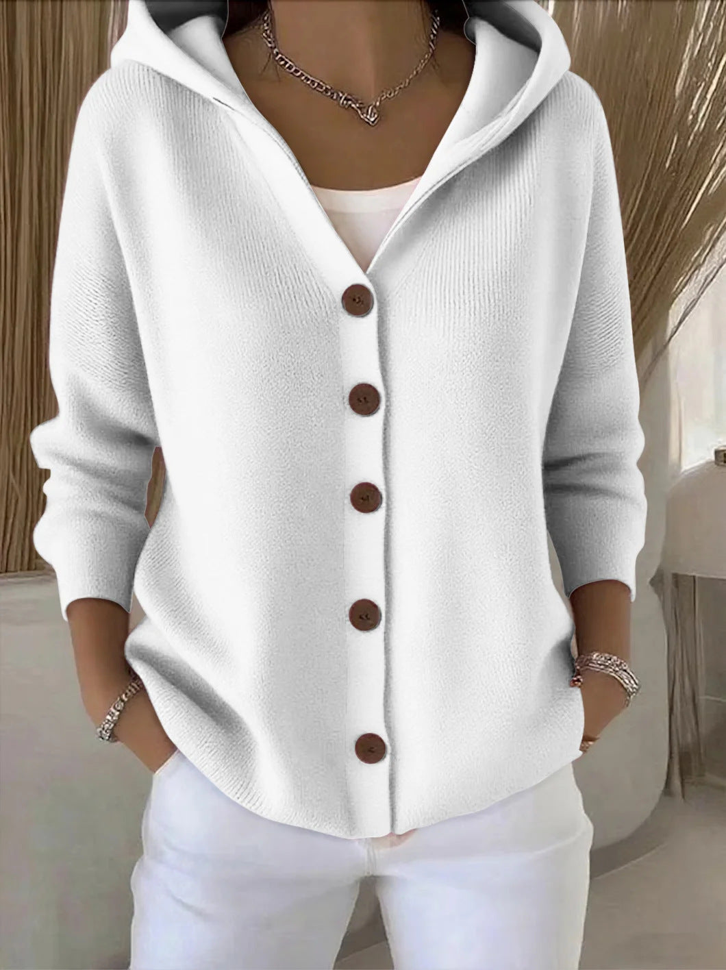 Gilet à Capuche Femme en Maille Boutonné