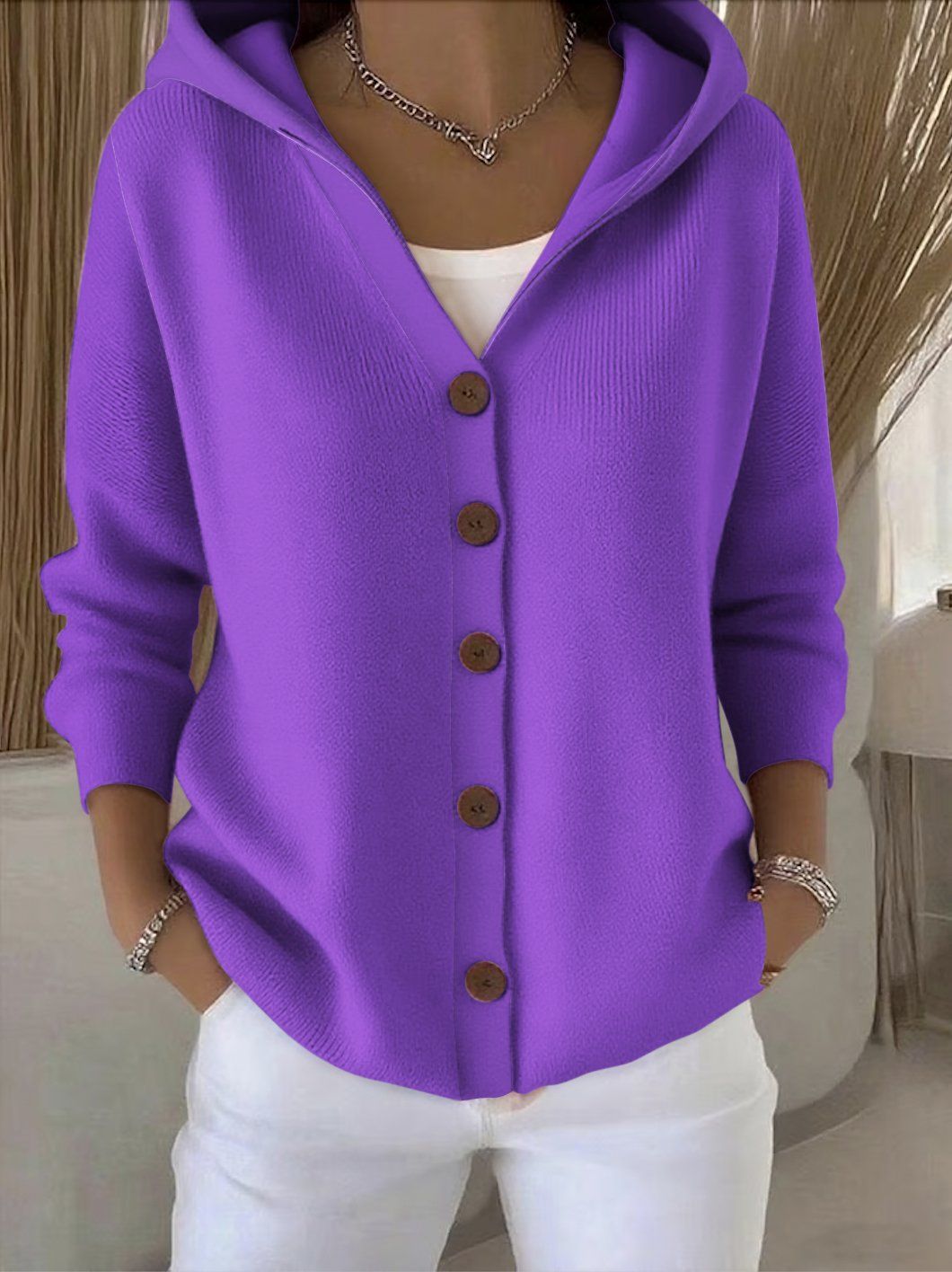 Gilet à Capuche Femme en Maille Boutonné