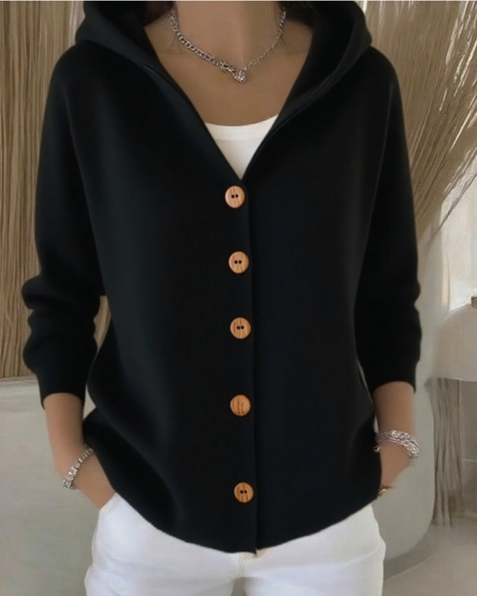Gilet à Capuche Femme en Maille Boutonné