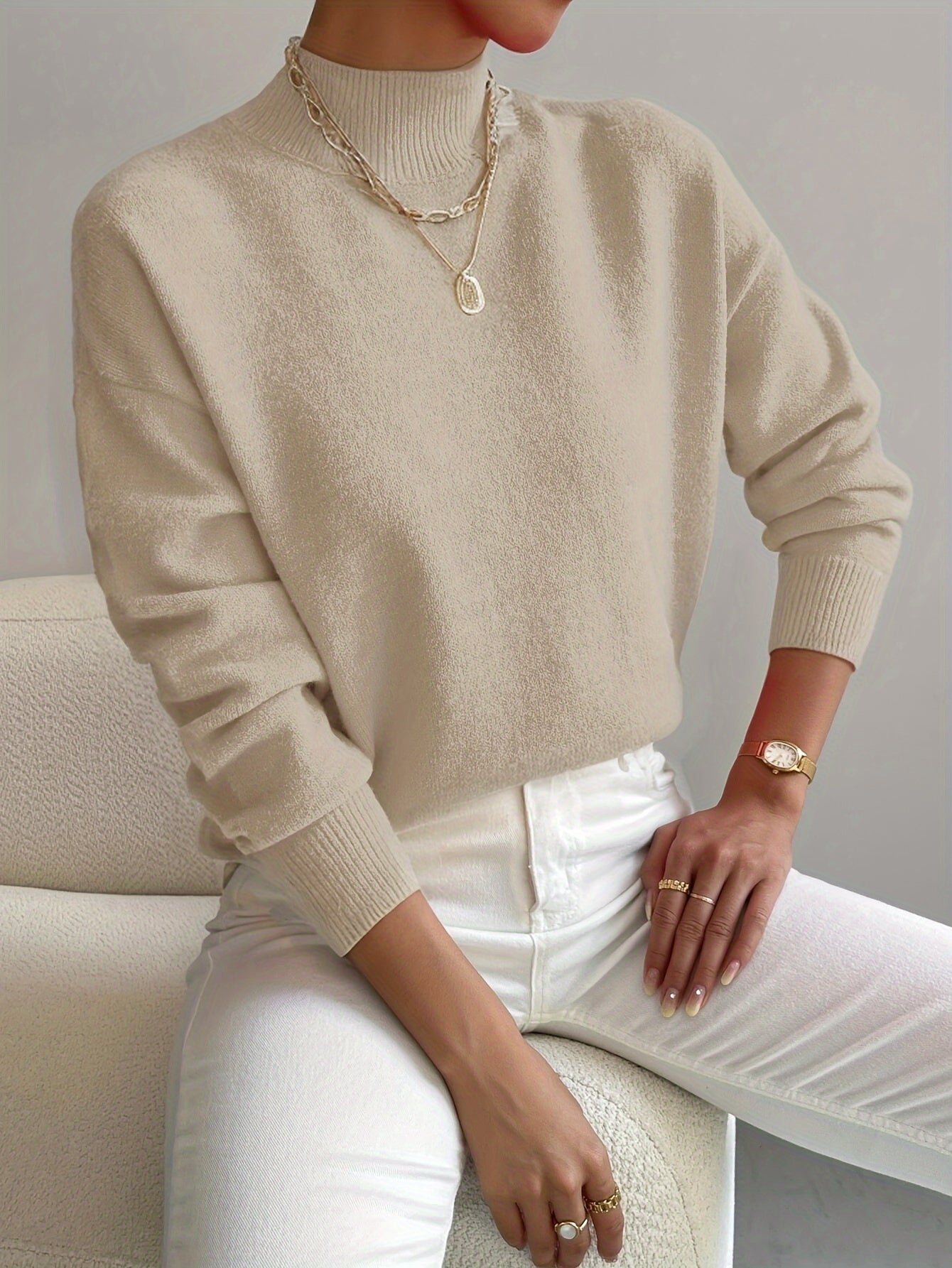 Pull Col Montant Femme Maille Fine Manches Longues