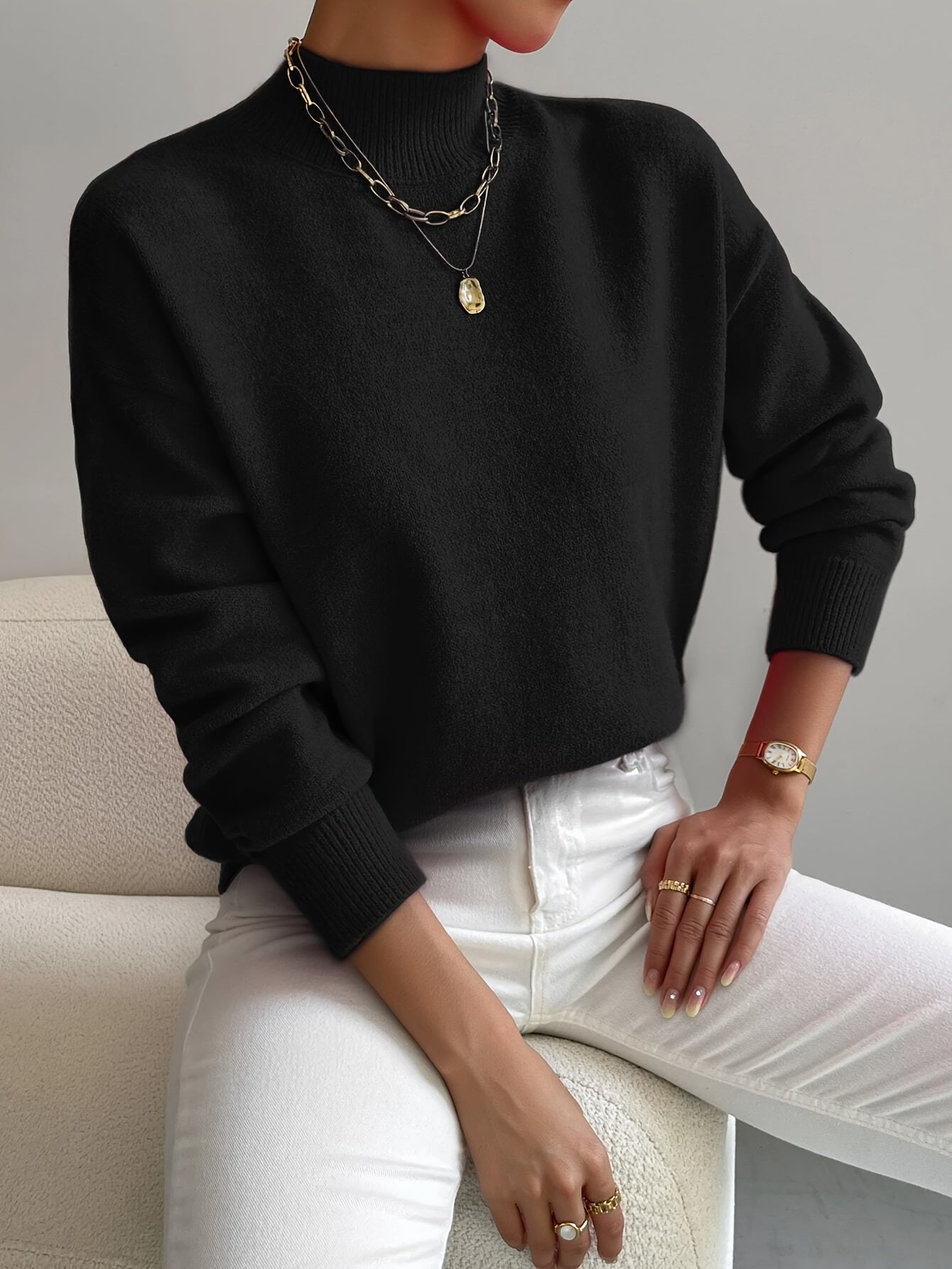 Pull Col Montant Femme Maille Fine Manches Longues