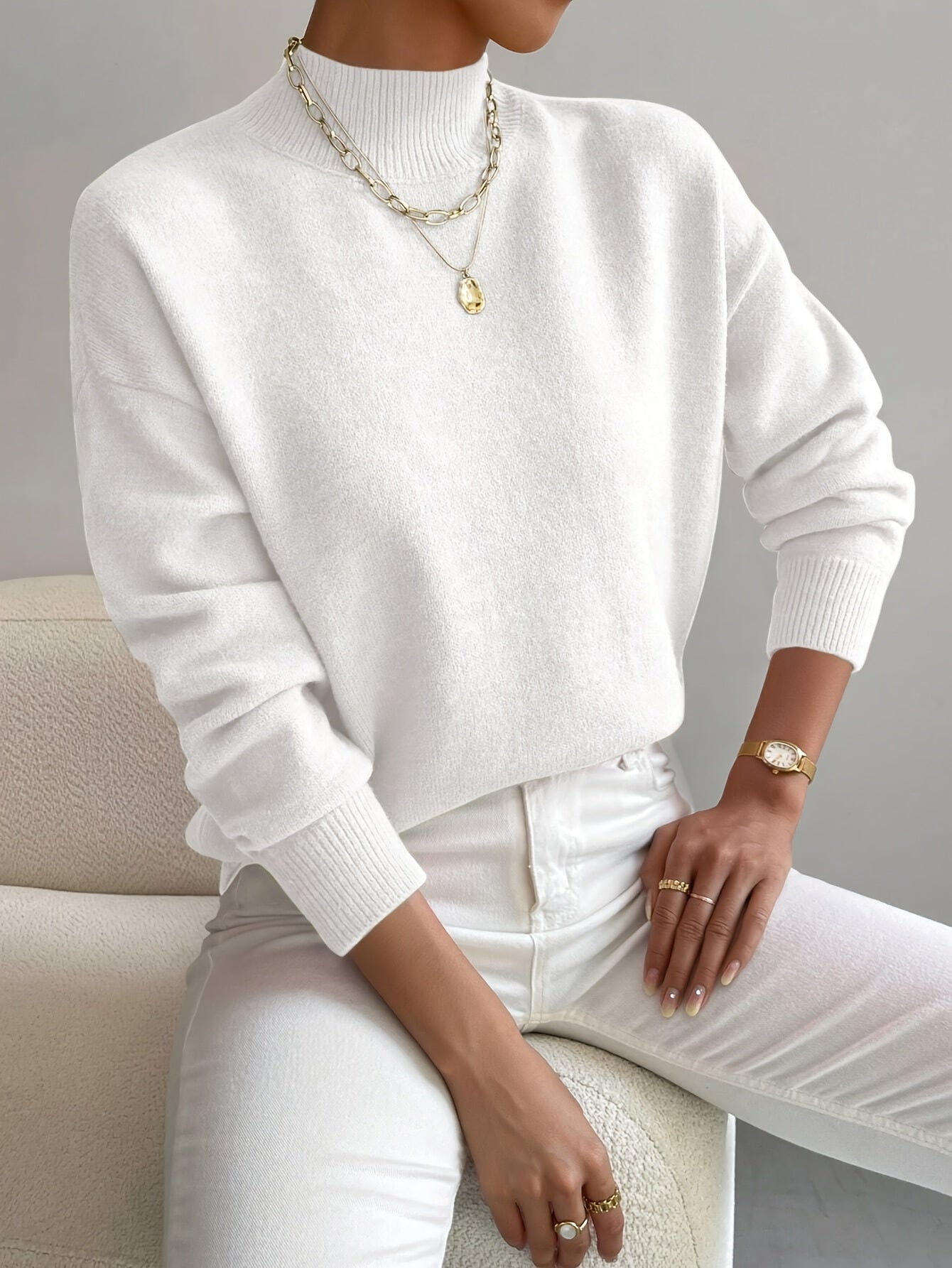 Pull Col Montant Femme Maille Fine Manches Longues
