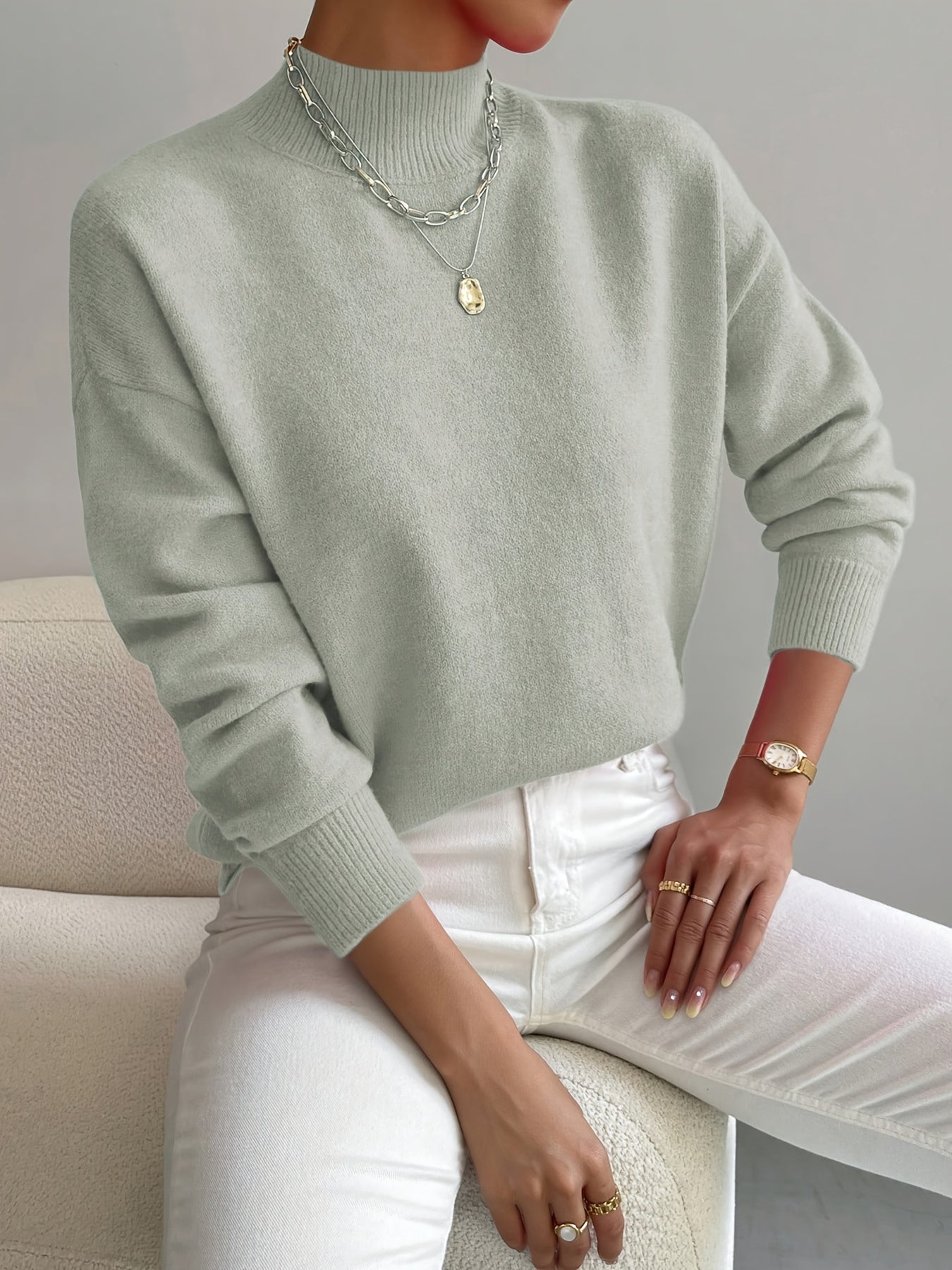 Pull Col Montant Femme Maille Fine Manches Longues